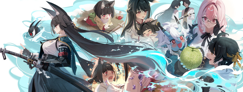 2boys, 4girls, absurdres, adjusting_eyewear, aged_down, animal_ear_fluff, animal_ears, aqua_jacket