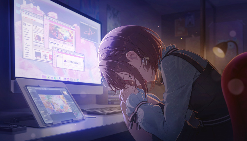 1girl, arched_back, black_dress, book, book_stack, braid, brown_hair, chair, colorful_palette, computer_keyboard, crying, desk_lamp, drawing_tablet, dress, highres, knees_up, lamp, monitor, official_art, open_mouth, project_sekai, shinonome_ena, shirt, short_hair, sitting, smile, solo, stylus, third-party_source, utakata_ni_idakarete_(project_sekai), white_shirt