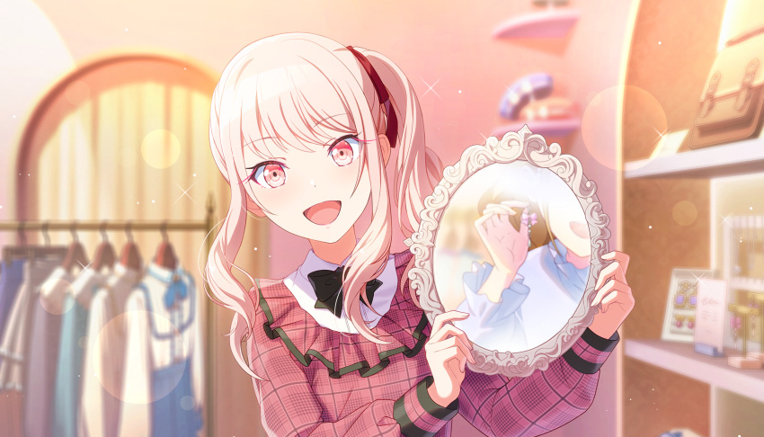 1girl, 1other, akiyama_mizuki, bag, black_bow, black_bowtie, blue_shirt, bow, bowtie, brown_hair, collar, colored_eyelashes, colorful_palette, curly_sidelocks, earrings, frilled_collar, frilled_shirt, frilled_sleeves, frills, game_cg, hair_ribbon, handbag, highres, holding, holding_mirror, jewelry, lens_flare, long_hair, mirror, official_art, open_mouth, pink_eyes, pink_hair, plaid_clothes, plaid_shirt, project_sekai, red_ribbon, ribbon, shirt, side_ponytail, smile, sparkle, swept_bangs, third-party_source, utakata_ni_idakarete_(project_sekai), white_shirt