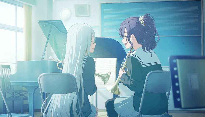 2girls, analog_clock, asahina_mafuyu, black_cardigan, black_pantyhose, cardigan, chalkboard, clock