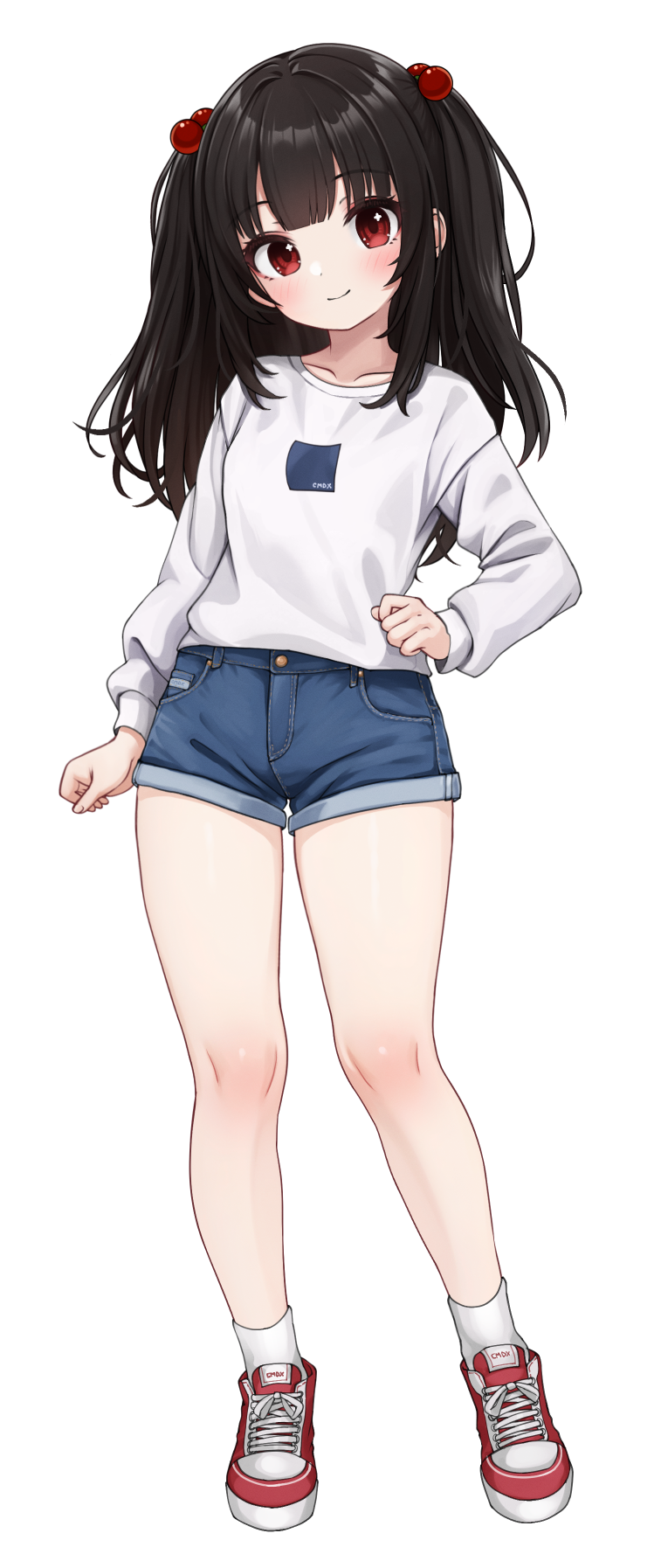 1girl, black_hair, comodox, denim, denim_shorts, full_body, hair_bobbles, hair_ornament, highres, long_hair, lulla_(comodox), original, red_eyes, shirt, shoes, shorts, simple_background, smile, socks, solo, white_background, white_shirt, white_socks