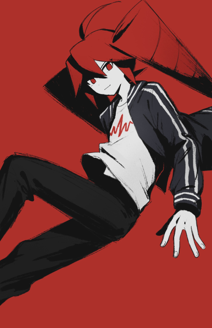 1girl, black_jacket, black_pants, closed_mouth, drill_hair, hai_(haihki), hair_between_eyes, highres, jacket, kasane_teto, kasane_teto_(utau), long_hair, long_sleeves, looking_at_viewer, open_clothes, open_jacket, pants, red_background, red_eyes, red_hair, shirt, solo, synthesizer_v, t-shirt, twin_drills, ultra_trailer_(synthesizer_v), very_long_hair, white_shirt