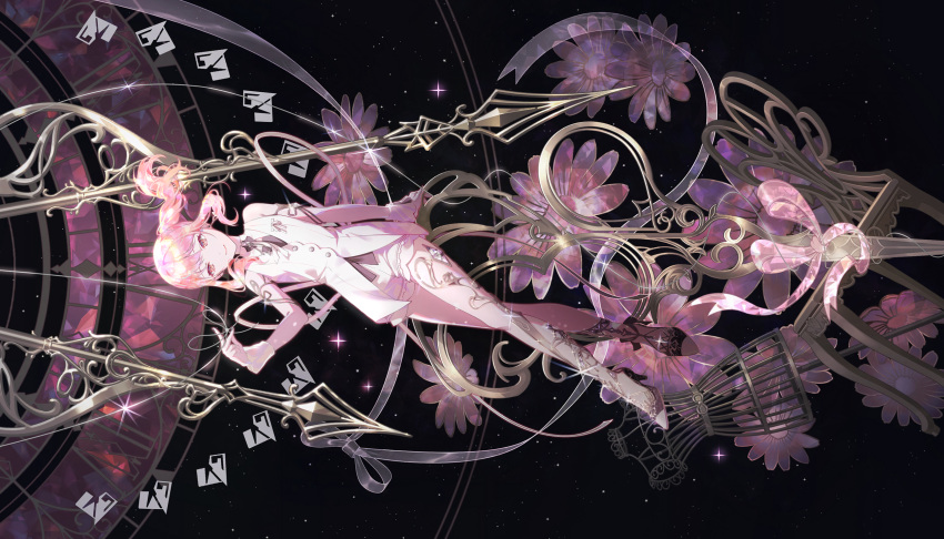 1other, akiyama_mizuki, black_ribbon, chair, clock_hands, colorful_palette, flower, highres