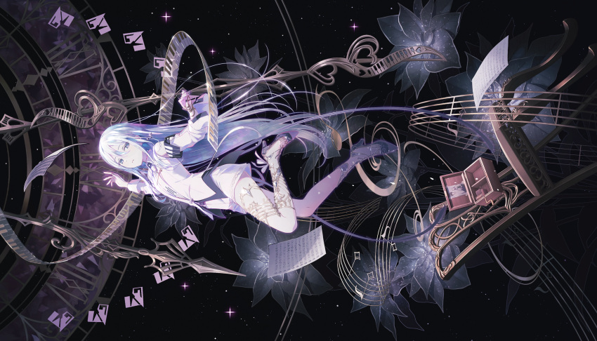 1girl, clock, clock_hands, colorful_palette, grey_hair, hair_between_eyes, highres, long_hair