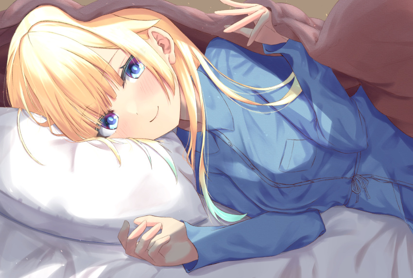 1girl, aizawa_ema, alternate_costume, amaner, blanket, blonde_hair, blue_eyes, blue_pajamas