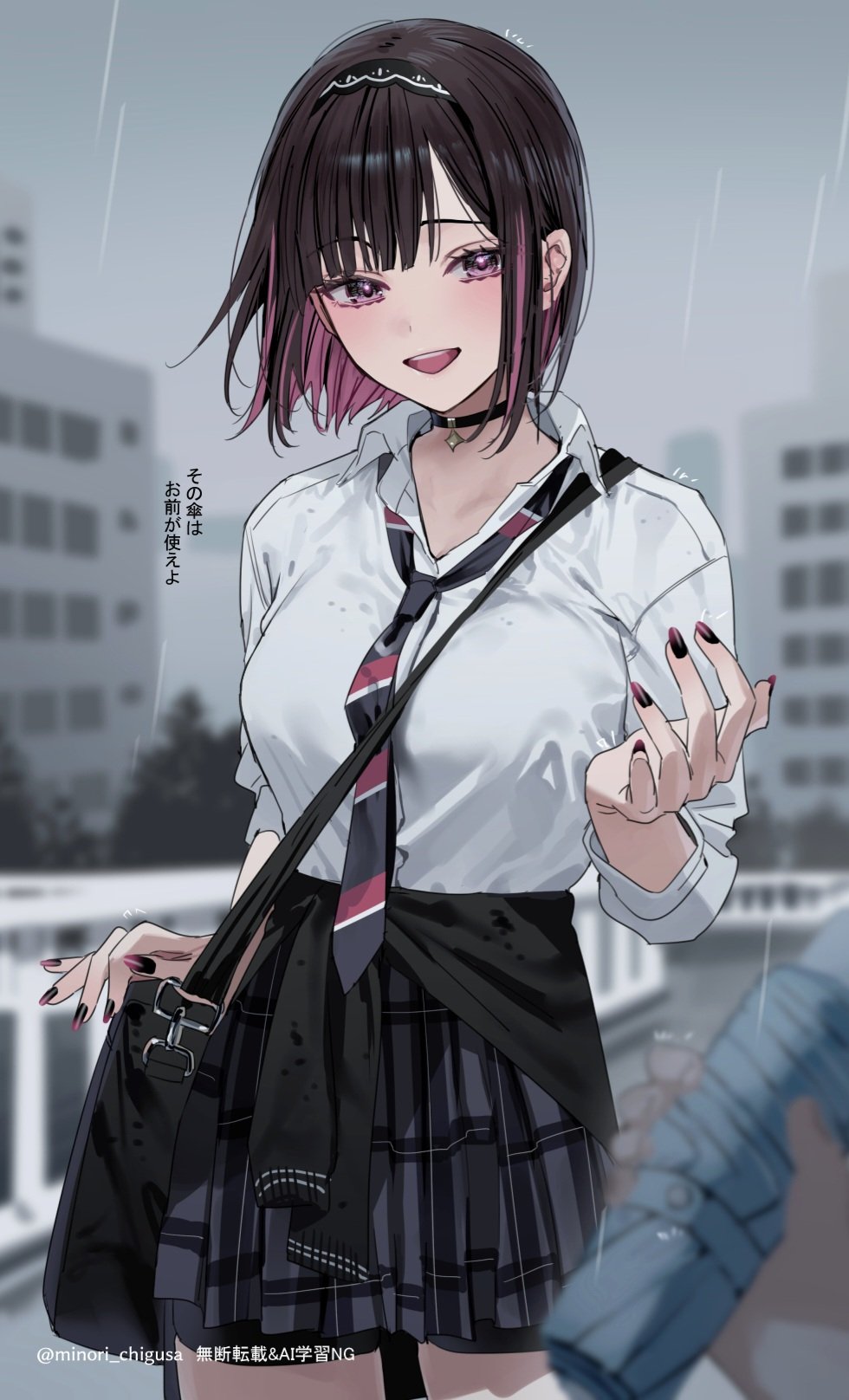 2girls, bag, bike_shorts_under_skirt, black_bag, black_cardigan, black_choker, black_hair, black_hairband, black_necktie, black_shorts, blurry, breasts, cardigan, cardigan_around_waist, chigusa_minori, choker, closed_mouth, clothes_around_waist, collared_shirt, colored_inner_hair, commentary_request, depth_of_field, diagonal-striped_clothes, diagonal-striped_necktie, dress_shirt, folding_umbrella, grey_skirt, hairband, highres, holding, holding_umbrella, looking_at_viewer, medium_breasts, multicolored_hair, multiple_girls, necktie, open_mouth, outdoors, pink_hair, plaid_clothes, plaid_skirt, pleated_skirt, saotome_shino_(shino_to_ren), school_bag, school_uniform, shino_to_ren, shirayuki_ren, shirt, short_hair, shorts, shoulder_bag, skirt, solo_focus, striped_clothes, three-quarter_sleeves, translation_request, umbrella, wet, wet_clothes, white_shirt