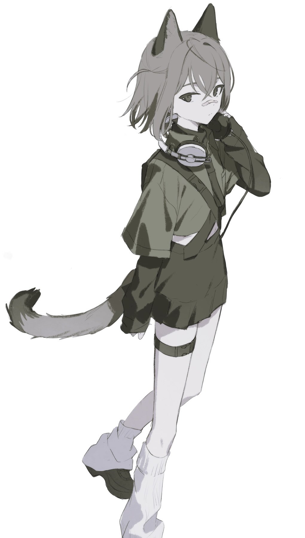 1girl, animal_ears, bandaid, bandaid_on_face, bandaid_on_nose, black_eyes, black_shoes, black_skirt