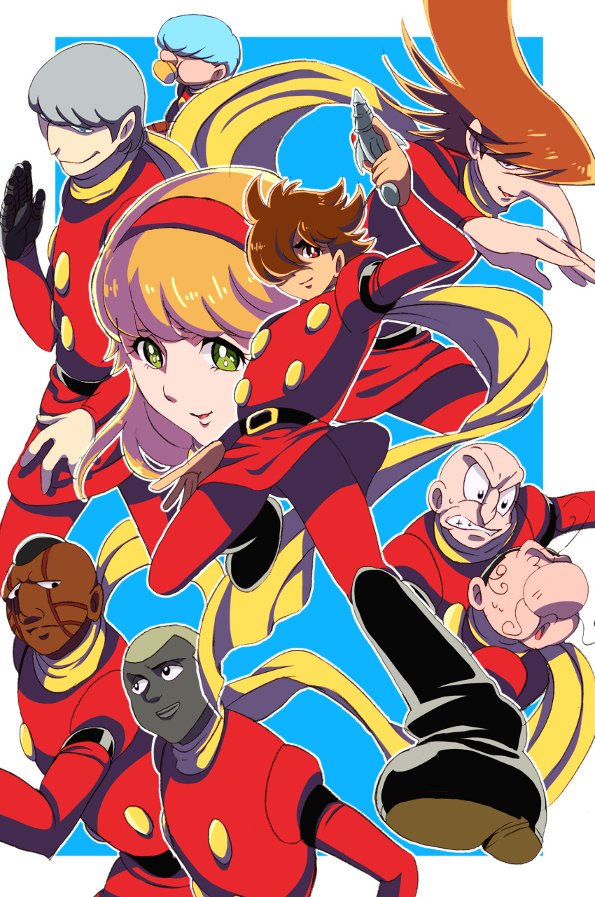 6+boys, 6+girls, absurdres, albert_heinrich, black_boots, blonde_hair, boots, brown_hair