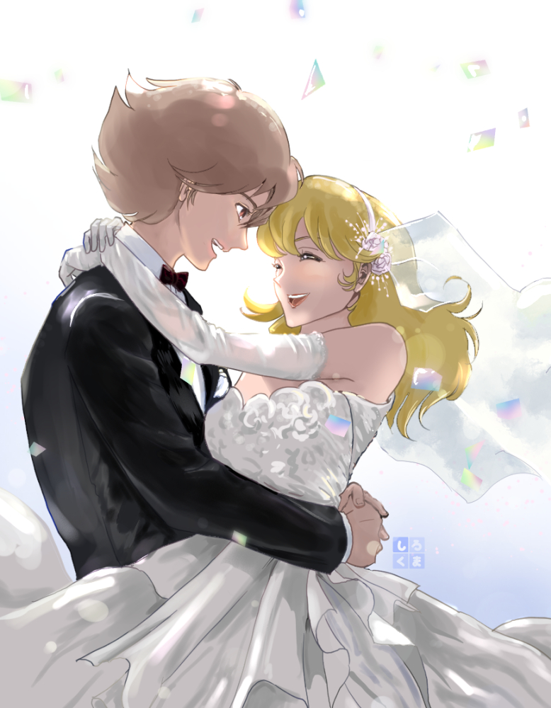 0010nya, 1boy, 1girl, black_suit, closed_eyes, couple, cyborg, cyborg_009