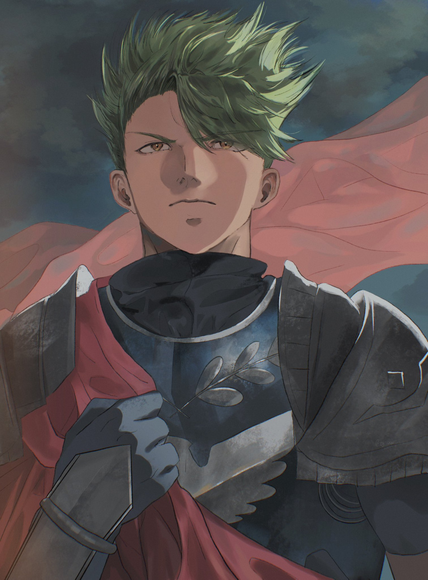 1boy, achilles_(fate), armor, black_shirt, cape, fate/apocrypha, fate/grand_order, fate_(series)