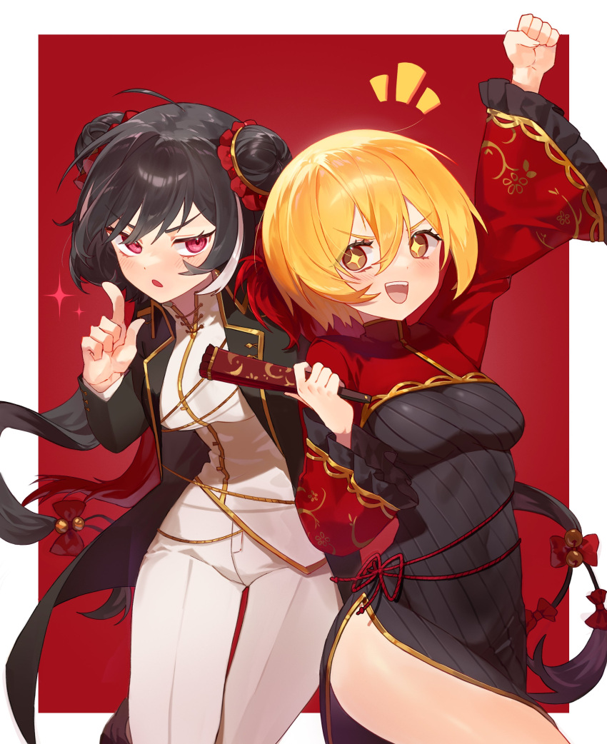 2girls, :d, :o, absurdres, black_dress, black_hair, black_jacket, blonde_hair, border, breasts, china_dress, chinese_clothes, cosplay, don_quixote_(project_moon), double_bun, dress, folded_fan, folding_fan, hair_bun, hand_fan, highres, holding, holding_fan, index_finger_raised, jacket, jia_xichun_(project_moon), jia_xichun_(project_moon)_(cosplay), limbus_company, medium_breasts, multicolored_hair, multiple_girls, open_clothes, open_jacket, pants, project_moon, ranya_(artiraia), red_background, red_eyes, red_shrug, sancho_(project_moon), sancho_(project_moon)_(cosplay), shirt, short_hair, smile, streaked_hair, twintails, white_border, white_hair, white_pants, white_shirt, yellow_eyes