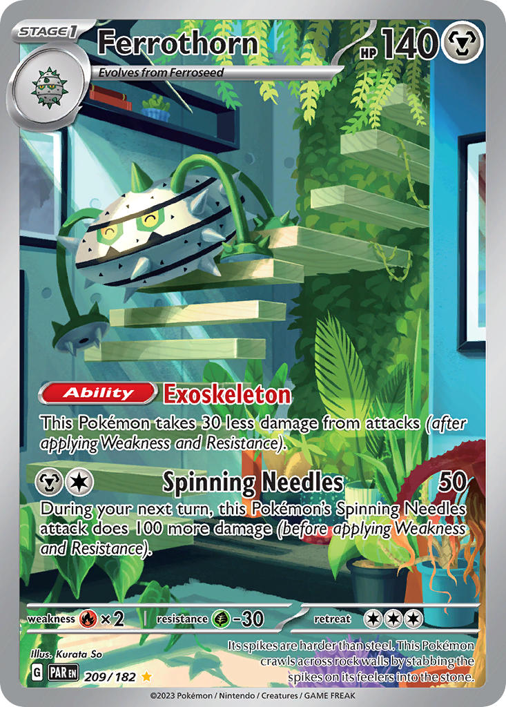 artist_name, book, card_(medium), character_name, closed_eyes, company_name, copyright_name, copyright_notice, english_text, ferroseed, ferrothorn, indoors, leaf, no_humans, official_art, picture_frame, plant, pokemon, pokemon_(creature), pokemon_card, pokemon_focus, pokemon_tcg, potted_plant, shelf, so_kurata, solo, spikes, stairs, third-party_source, trading_card