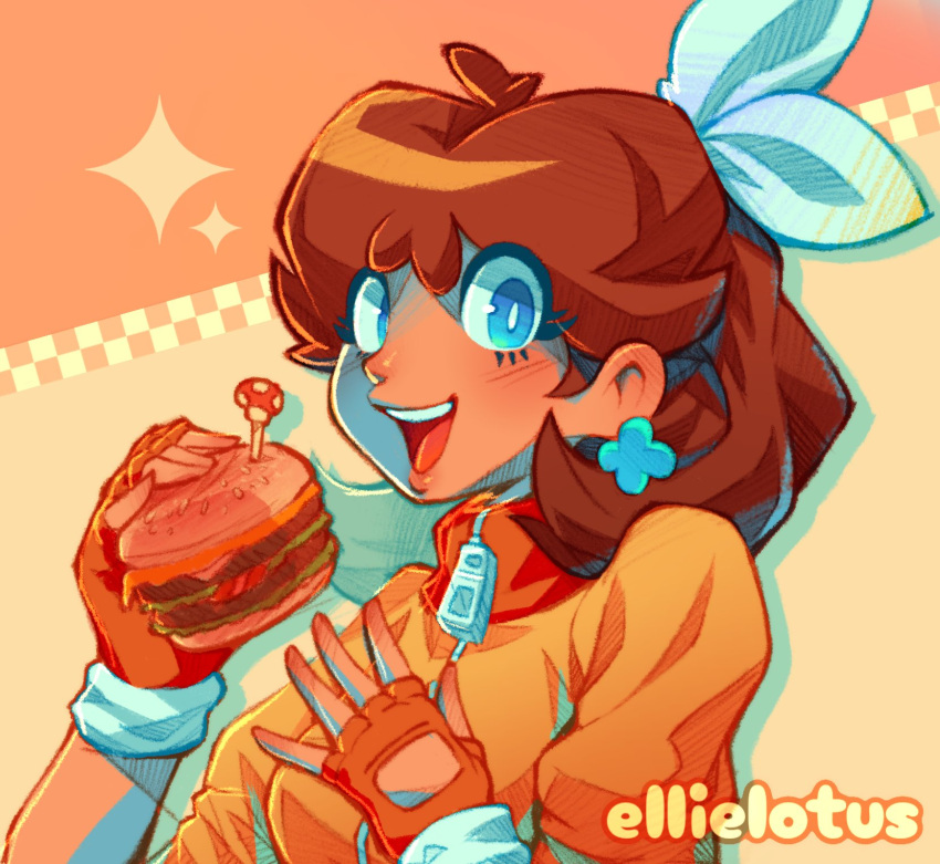 1girl, artist_name, blue_eyes, bow, brown_hair, burger, earrings, ellie_lotus