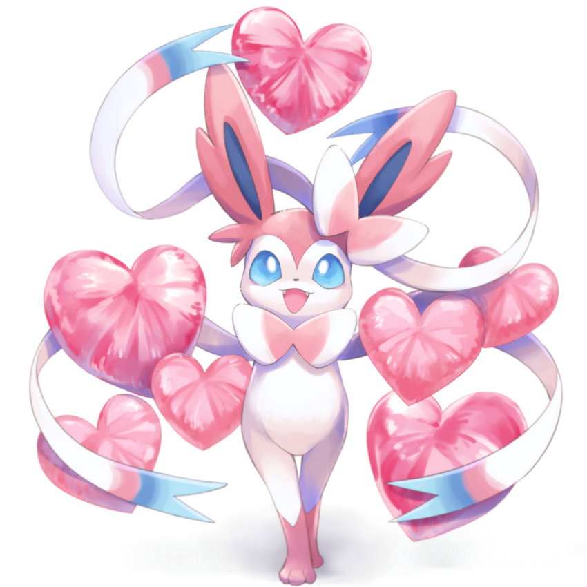 :d, blue_eyes, fangs, heart, highres, looking_at_viewer, misubaru_rin, no_humans, pink_fur, pokemon, pokemon_(creature), pokemon_xy, simple_background, smile, sylveon, two-tone_fur, white_background, white_fur