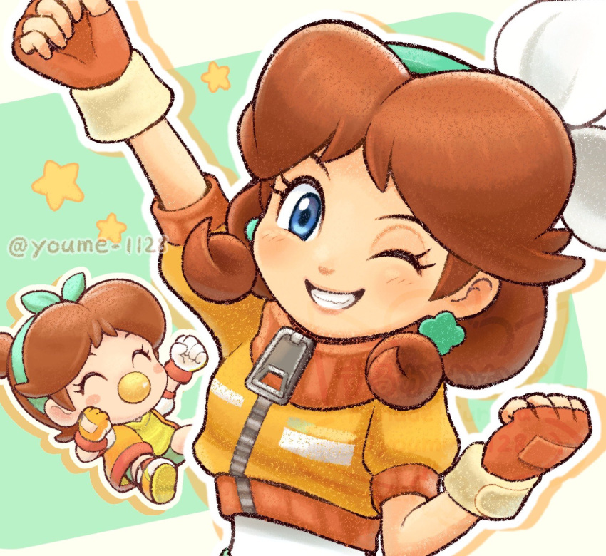 artist_name, baby, baby_daisy, blue_eyes, brown_hair, closed_eyes, cropped_jacket, dual_persona, earrings, fingerless_gloves, gloves, highres, jacket, jewelry, long_hair, looking_at_viewer, mario_kart, mario_kart_world, one_eye_closed, orange_gloves, orange_jacket, pacifier, princess_daisy, princess_daisy_(touring), smile, star_(symbol), super_mario_bros., suruga_kanade, zipper_pull_tab