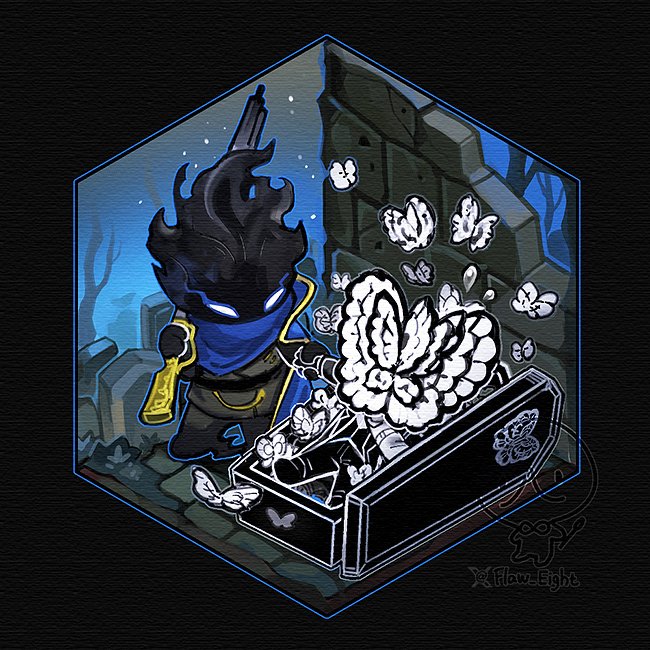 2boys, animal_head, black_fire, black_gloves, black_pants, black_vest, blue_cape, bug