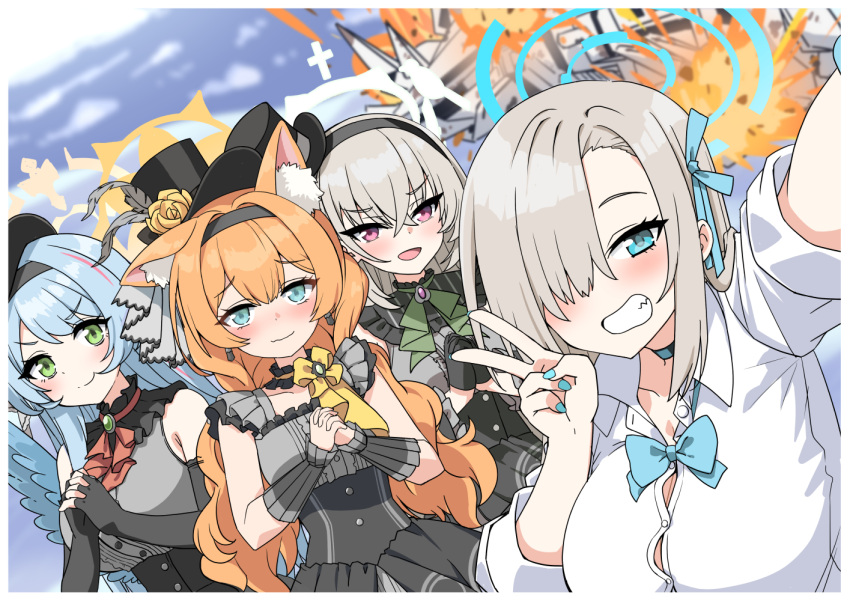 172cm, 4girls, animal_ears, asuna_(blue_archive), asuna_(school_uniform)_(blue_archive), blonde_hair, blue_archive, blue_eyes, blue_hair, blue_nails, blue_wings, blush, breasts, cat_ears, explosion, flower, geburah_(blue_archive), green_eyes, grey_hair, grin, hair_over_one_eye, halo, hat, hat_flower, large_breasts, long_hair, mari_(blue_archive), mari_(idol)_(blue_archive), mine_(blue_archive), mine_(idol)_(blue_archive), mini_hat, mini_top_hat, multiple_girls, orange_hair, own_hands_together, pink_eyes, sakurako_(blue_archive), sakurako_(idol)_(blue_archive), selfie, shirt, smile, top_hat, v, white_shirt, wings