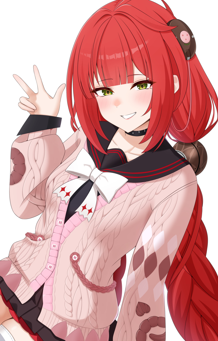 1girl, absurdres, black_choker, black_sailor_collar, black_skirt, bow, braid, breasts, cable, cardigan, choker, commentary, green_eyes, grin, hair_ornament, hand_up, highres, long_hair, long_sleeves, looking_at_viewer, next_tomountain, pink_cardigan, pleated_skirt, red_hair, sailor_collar, school_uniform, sidelocks, simple_background, skirt, smile, solo, thigh-highs, ukinami_yuzuha, w, white_background, white_bow, white_thighhighs, zenless_zone_zero