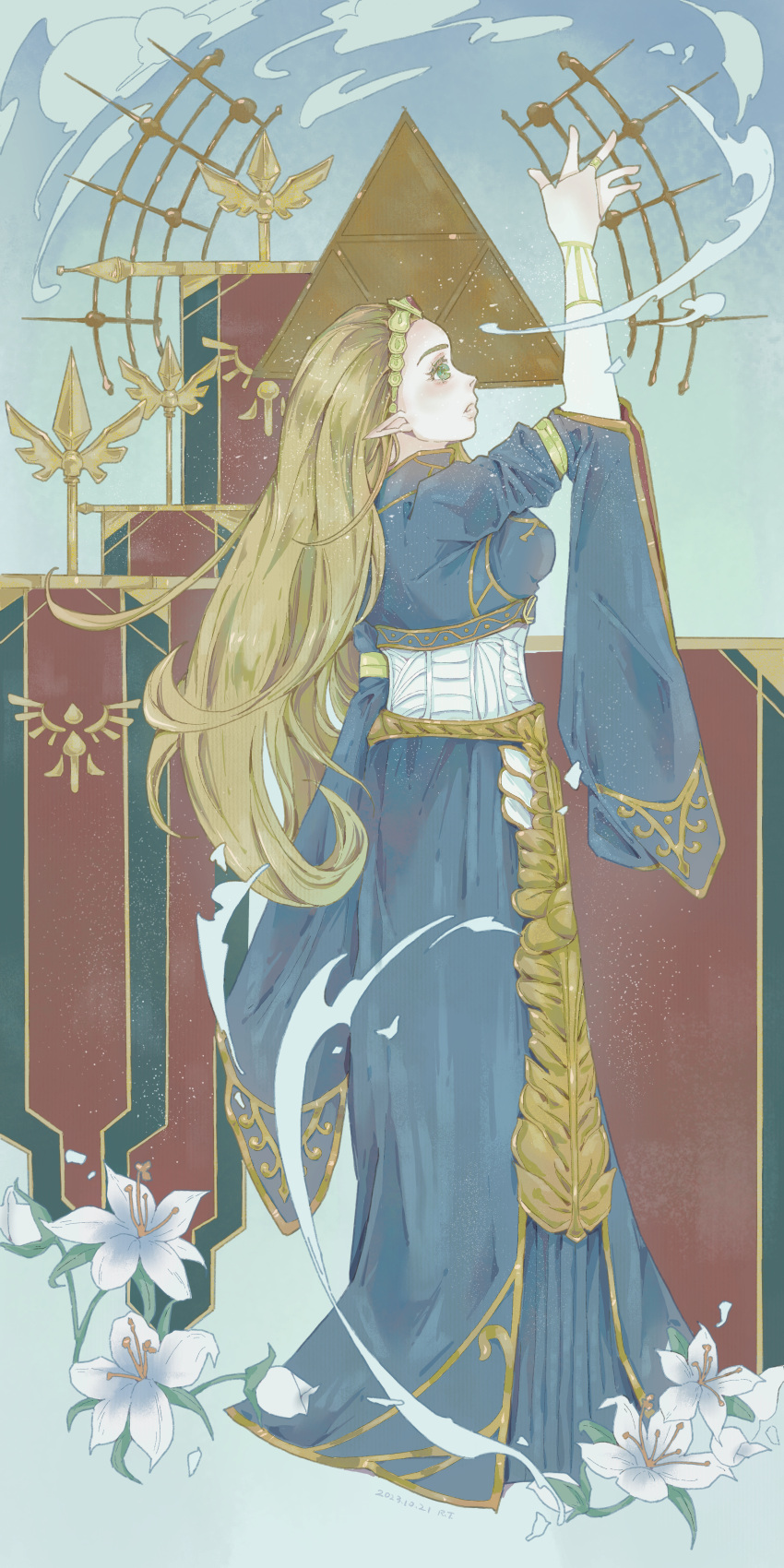 1girl, absurdres, banner, blonde_hair, blue_dress, blue_eyes, dress, elf
