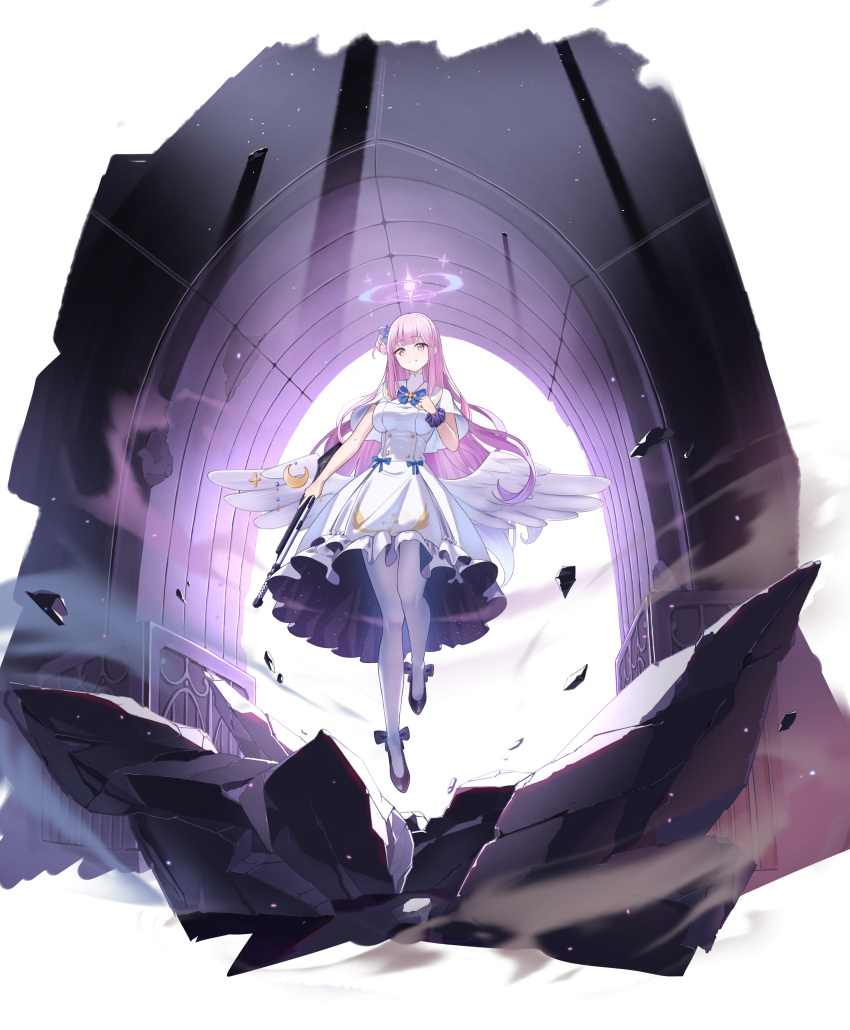 1girl, absurdres, angel_wings, ankle_bow, backlighting, black_shoes, blue_archive, blue_bow