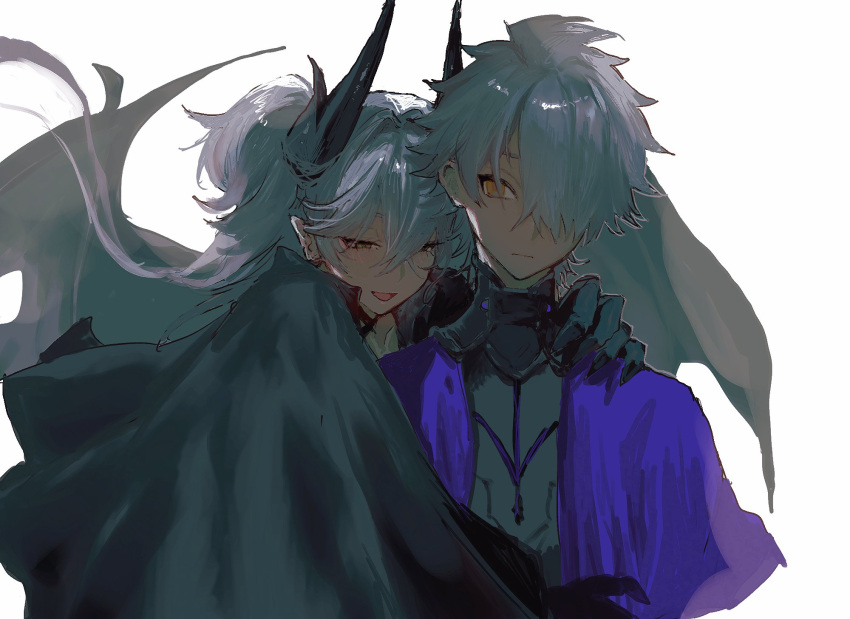 1boy, 1girl, armor, black_armor, black_hands, capelet, chin_boooooooo, colored_extremities, demon_girl, demon_horns, demon_wings, fate/grand_order, fate_(series), galahad_(fate), green_eyes, hair_between_eyes, hair_over_one_eye, highres, horns, hug, lilith_(fate), lilith_(second_ascension)_(fate), long_hair, open_mouth, pointy_ears, purple_capelet, short_hair, simple_background, smile, twintails, upper_body, white_background, wings, yellow_eyes