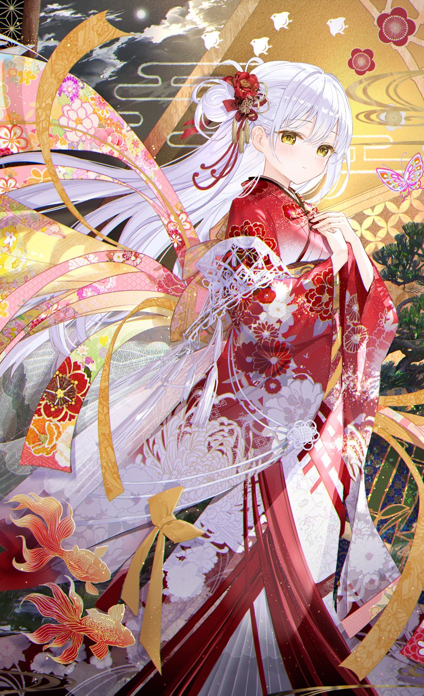 1girl, bug, butterfly, closed_mouth, double-parted_bangs, egasumi, floral_print, floral_print_kimono