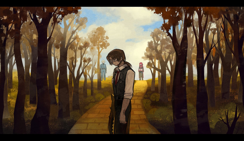 1girl, 2boys, black_pants, black_vest, brick_road, brown_hair, collared_shirt, cowboy_shot