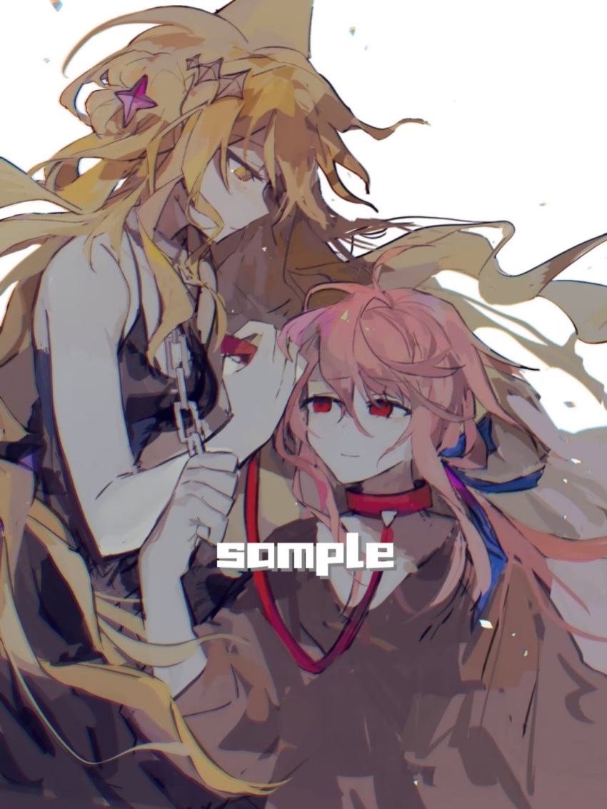 1boy, 1girl, a_pi, animal_collar, black_dress, blonde_hair, breasts, brown_shirt, chain, chinese_commentary, collar, commentary_request, dress, floating_hair, hair_ornament, hand_up, heterochromia, highres, holding, holding_chain, holding_leash, holding_rope, indie_virtual_youtuber, kaofish, leash, long_hair, looking_at_another, metal_collar, nihao_bot, pink_hair, red_eyes, rope, sample_watermark, shirt, simple_background, star_(symbol), star_hair_ornament, very_long_hair, watermark, wavy_hair, white_background, yellow_eyes