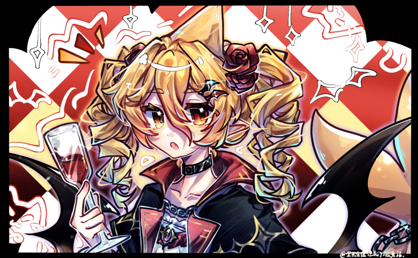 1girl, alcohol, bat_wings, bilibili_385617619, black_choker, black_coat, blonde_hair, chain