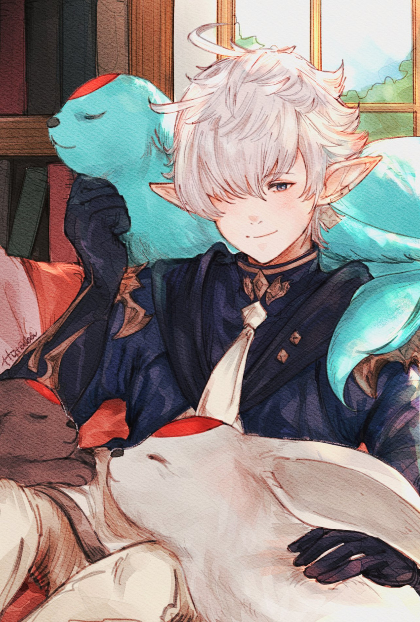 1boy, ahoge, alphinaud_leveilleur, black_gloves, bookshelf, carbuncle_(final_fantasy), elbow_gloves, elezen