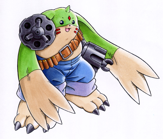 digimon, digimon_tamers, ears, facial_mark, galgomon, gargomon, gun, handgun, horn, jeans, lowres, open_mouth, pants, revolver, simple_background, solo, torabon_f, traditional_media, weapon