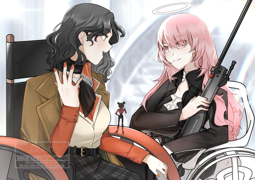 2girls, absurdres, arknights, belt, black_belt, black_hair, black_jacket, black_neckerchief
