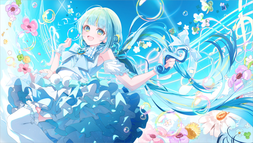 1girl, :d, a20_(atsumaru), arm_up, blue_dress, blue_eyes, blue_hair, blush, bow, bubble, commentary_request, day, detached_sleeves, dress, earrings, flower, flower_earrings, frilled_cuffs, frilled_skirt, frilled_sleeves, frills, green_flower, green_hair, highres, holding_ornament, jewelry, layered_skirt, long_hair, multicolored_hair, musical_note, open_mouth, original, pink_flower, ponytail, ribbon, short_sleeves, sidelocks, skirt, smile, solo, streaked_hair, thigh-highs, very_long_hair, white_flower, white_thighhighs, yellow_flower