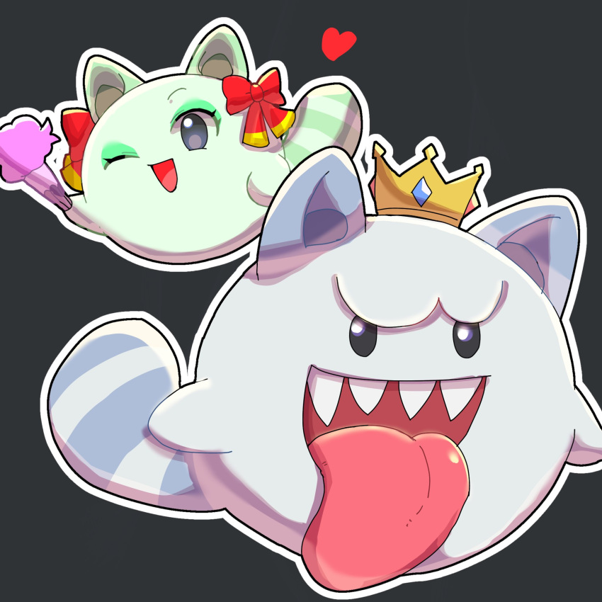 animal_ears, boo_(mario), bow_(paper_mario), crown, ghost, grey_background, heart, highres