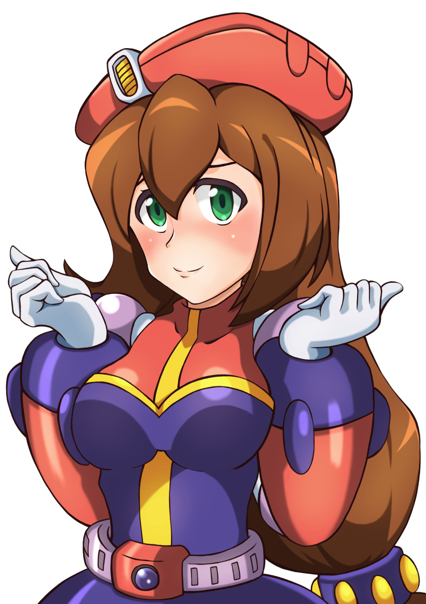 1girl, android, arms_up, beret, blush, breasts, brown_hair, closed_mouth