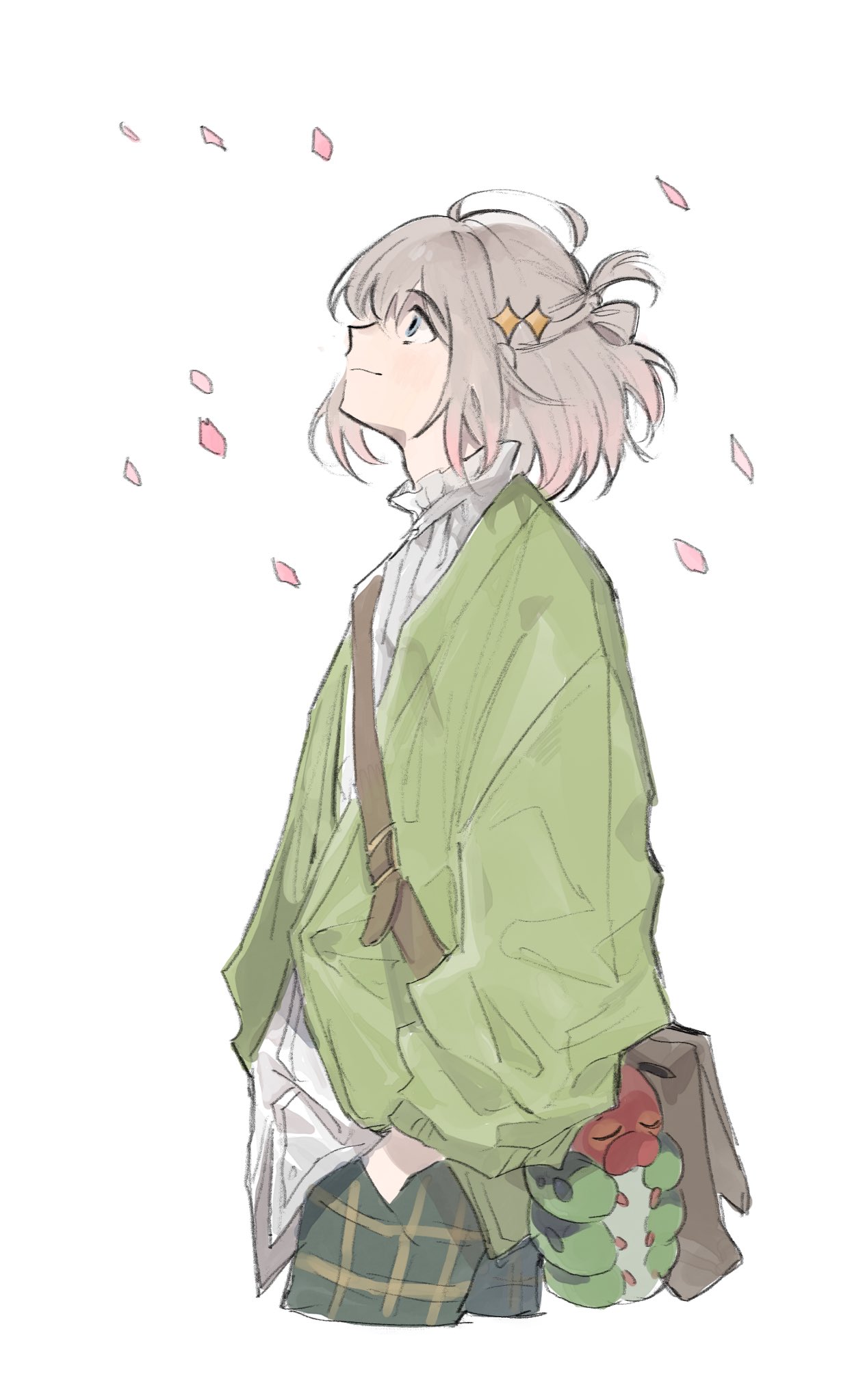 1boy, blue_eyes, blush, fate/grand_order, fate_(series), grey_hair, hair_between_eyes, hands_in_pockets