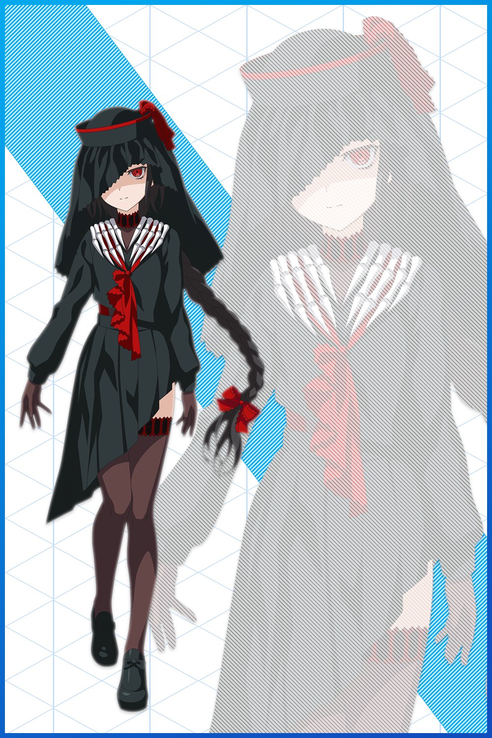 1girl, ascot, asymmetrical_skirt, black_hair, black_serafuku, black_shirt, black_skirt, braid, city_macabre_(toaru_majutsu_no_index), full_body, gloves, hair_ribbon, highres, official_art, red_ascot, red_eyes, red_ribbon, ribbon, school_uniform, serafuku, shirt, skirt, solo, tachi-e, thigh-highs, toaru_majutsu_no_index, toaru_majutsu_no_index:_imaginary_fest, zettai_ryouiki