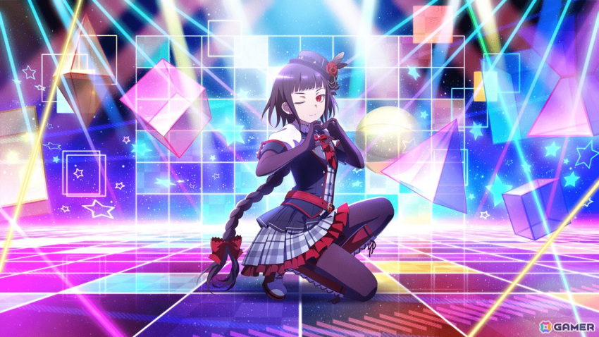1girl, ascot, belt, black_hair, black_jacket, blunt_bangs, boots, braid, city_macabre_(toaru_majutsu_no_index), elbow_gloves, game_cg, gloves, hair_ribbon, jacket, official_art, plaid_clothes, plaid_skirt, puffy_short_sleeves, puffy_sleeves, red_ascot, red_belt, red_boots, red_eyes, red_ribbon, ribbon, short_sleeves, skirt, solo, thigh-highs, toaru_majutsu_no_index, toaru_majutsu_no_index:_imaginary_fest