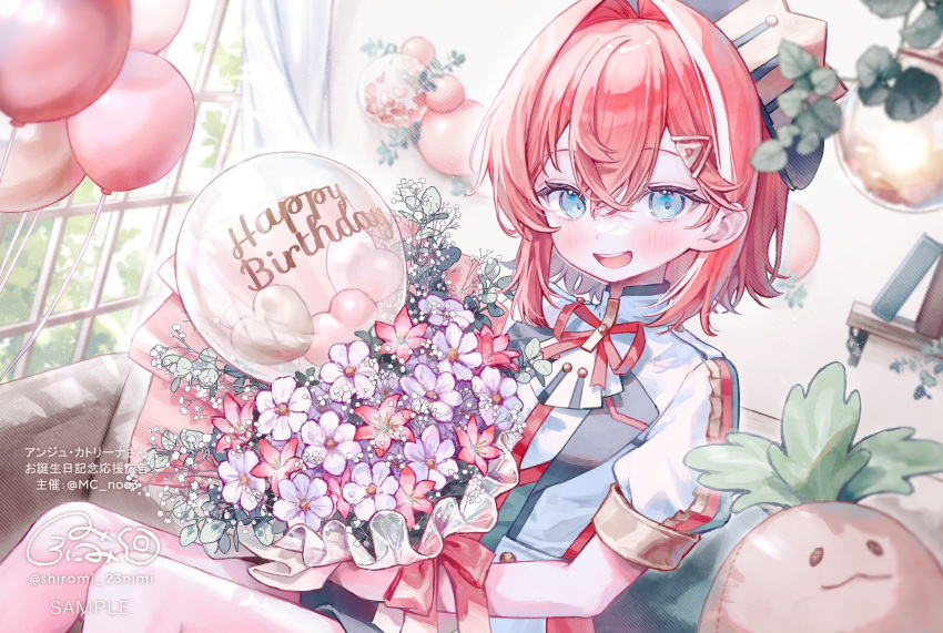 1girl, :d, ange_katrina, balloon, beret, blue_eyes, blue_hat, blush, bouquet, character_doll, commentary_request, crossed_bangs, crown_hat_ornament, doll, feet_out_of_frame, flower, flower_request, hair_between_eyes, hair_intakes, hair_ornament, happy_birthday, hat, highres, holding, holding_bouquet, idol_clothes, indoors, jacket, lapels, looking_at_viewer, mandragora_(ange_katrina), medium_hair, multicolored_hair, muntins, neck_ribbon, nijisanji, open_mouth, pink_flower, plant, red_hair, red_ribbon, ribbon, sanbaka_anniversary_outfit, shiroromi, short_sleeves, signature, sitting, smile, solo, streaked_hair, stuffed_toy, teeth, translation_request, triangle_hair_ornament, twitter_username, two-tone_hair, upper_teeth_only, virtual_youtuber, white_flower, white_hair, white_jacket, window