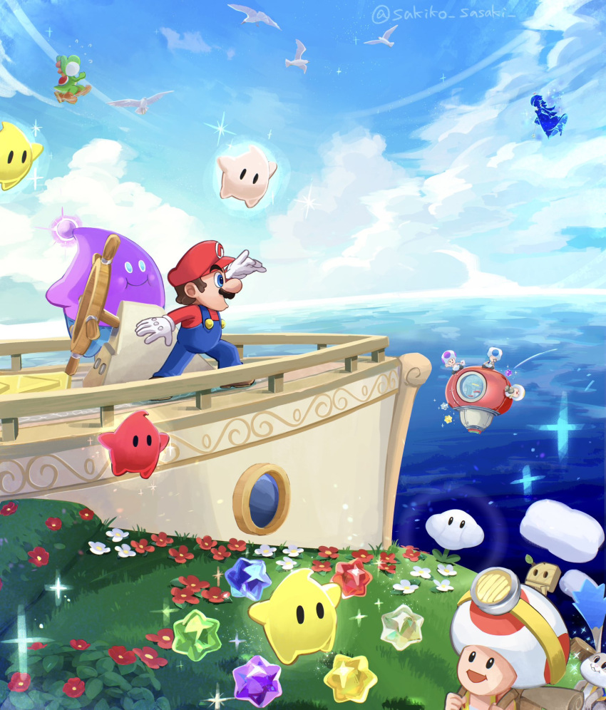 2boys, bird, blue_overalls, blue_sky, brown_hair, captain_toad, cloud_flower_(mario), day