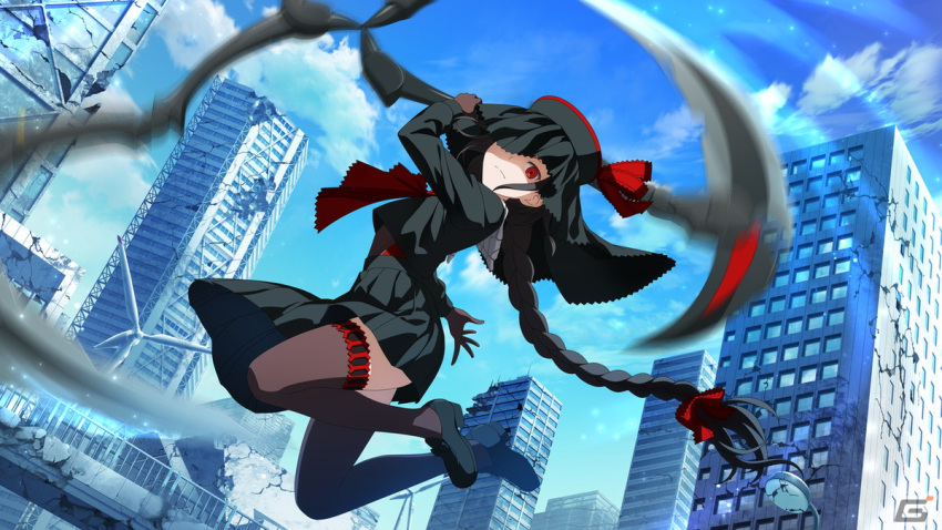 1girl, ascot, asymmetrical_skirt, black_hair, black_serafuku, black_shirt, black_skirt, braid, city_macabre_(toaru_majutsu_no_index), game_cg, gloves, hair_ribbon, holding, holding_scythe, official_art, red_ascot, red_eyes, red_ribbon, ribbon, school_uniform, scythe, serafuku, shirt, skirt, solo, thigh-highs, toaru_majutsu_no_index, toaru_majutsu_no_index:_imaginary_fest, zettai_ryouiki