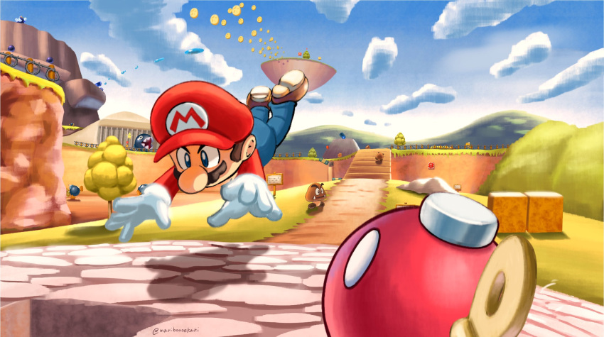 1boy, blue_eyes, blue_overalls, bob-omb_battlefield, bob-omb_buddy, boots, brown_boots, brown_hair