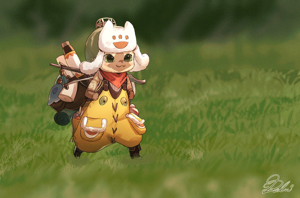 1other, :3, animal_hands, backpack, bag, boots, colorpoint, commentary_request, dolce_(dolsuke), ehho_ehho_(meme), felyne, furry, grass, green_eyes, green_hat, hat, meme, monster_hunter_(series), other_focus, outdoors, overalls, running, signature, smile, solo, yellow_overalls