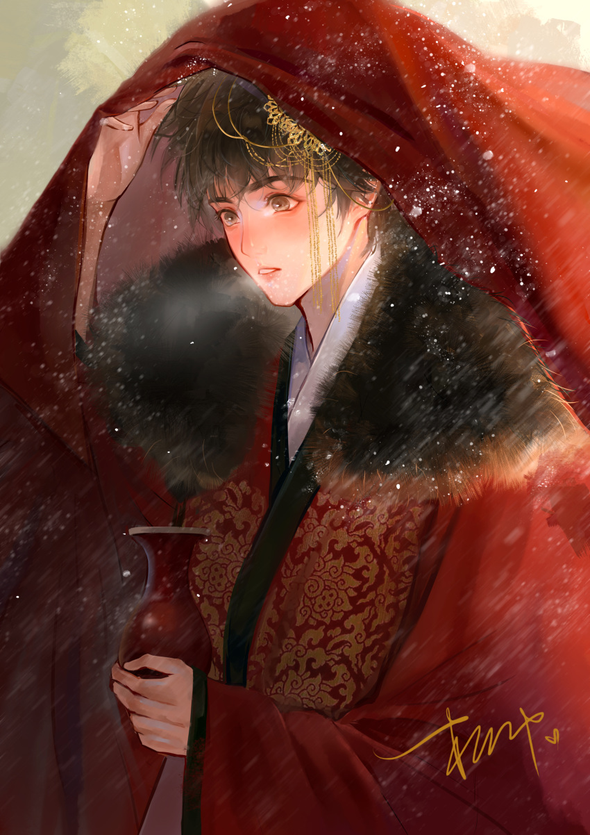 1boy, absurdres, artist_name, blush, bottle, breath, brown_eyes, brown_hair