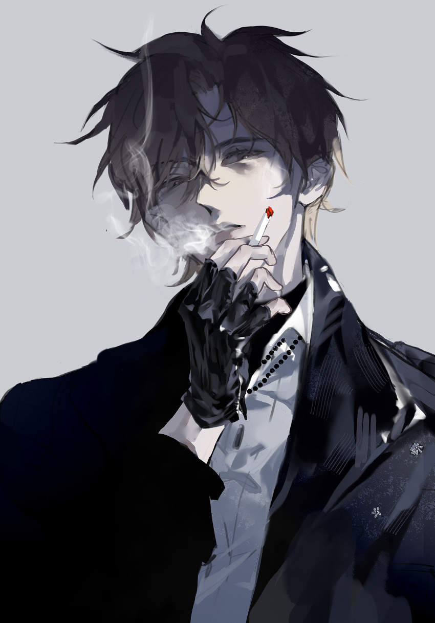 1boy, bead_necklace, beads, between_fingers, black_gloves, black_jacket, brown_eyes, brown_hair
