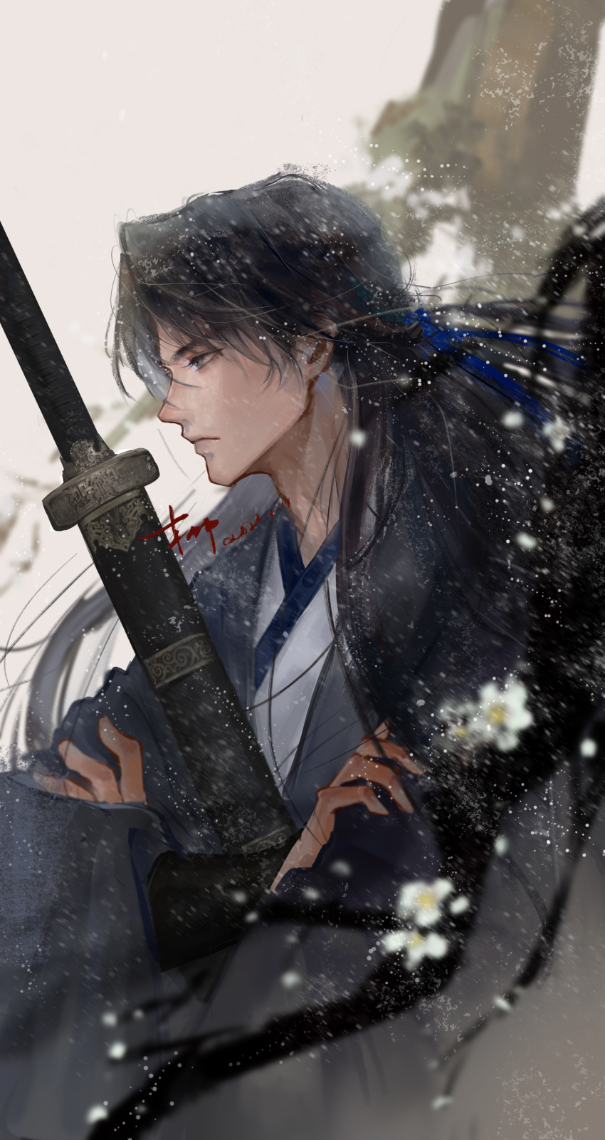 1boy, absurdres, alternate_costume, alternate_hair_length, alternate_hairstyle, artist_name, bishounen, black_eyes