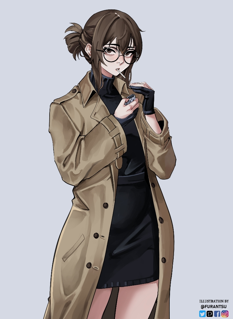 1girl, artist_name, black-framed_eyewear, black_dress, black_gloves, brown_coat, brown_eyes, brown_hair