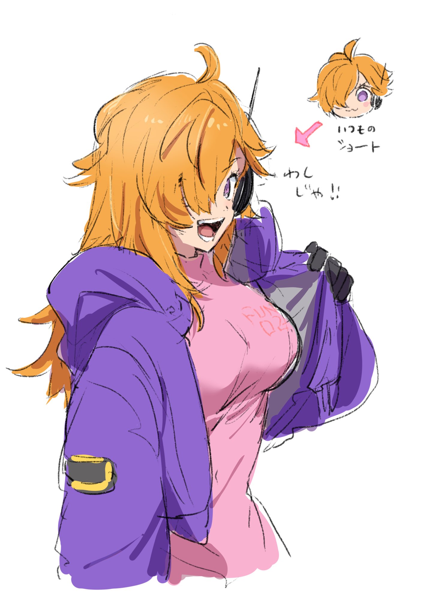 :3, af60489, ahoge, alternate_hairstyle, blush, bodysuit, breasts, hair_over_one_eye, happy, headphones, highres, jacket, large_breasts, long_hair, one_piece, open_mouth, orange_hair, pink_bodysuit, purple_jacket, solo, vegapunk_lilith, violet_eyes