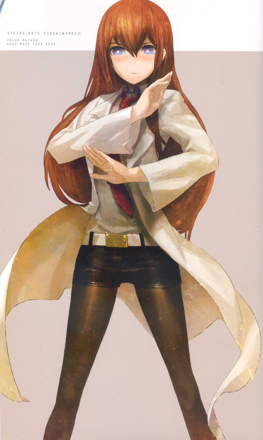 absurdres, arm_belt, belt, black_pantyhose, black_shorts, blush, breasts, brown_hair, coat, collared_shirt, embarrassed, hair_between_eyes, hair_over_shoulder, highres, huke, lab_coat, lapels, leather_belt, makise_kurisu, necktie, non-web_source, notched_lapels, official_art, outstretched_crossed_arms, pantyhose, pink_lips, purple_trim, red_necktie, ringed_eyes, shiny_lips, shirt, shorts, small_breasts, spread_legs, square_pupils, standing, steins;gate, violet_eyes, white_belt, white_coat, white_shirt