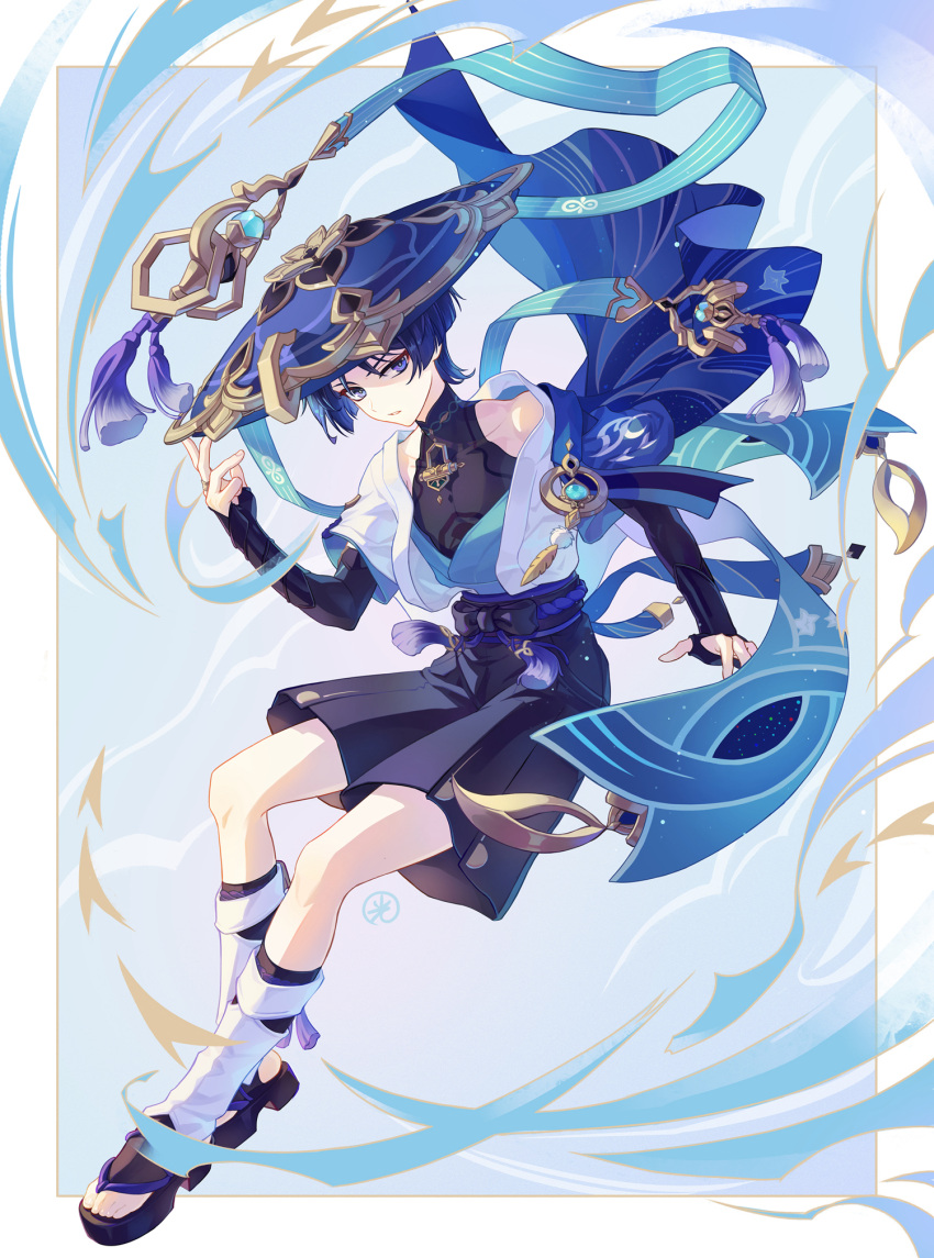 1boy, anemo_symbol_(genshin_impact), animal_print, arm_at_side, armor, belt, bird_print, black_belt